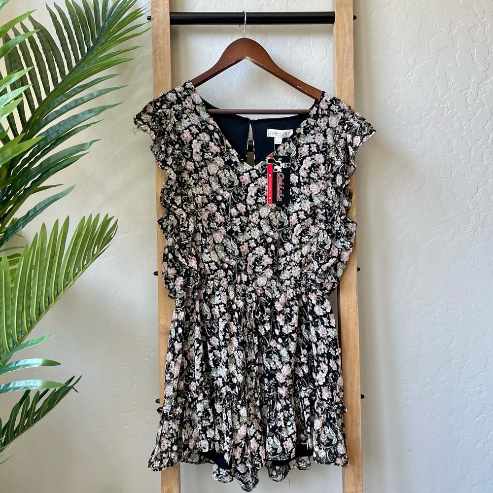 She + Sky Black Floral Playsuit Romper